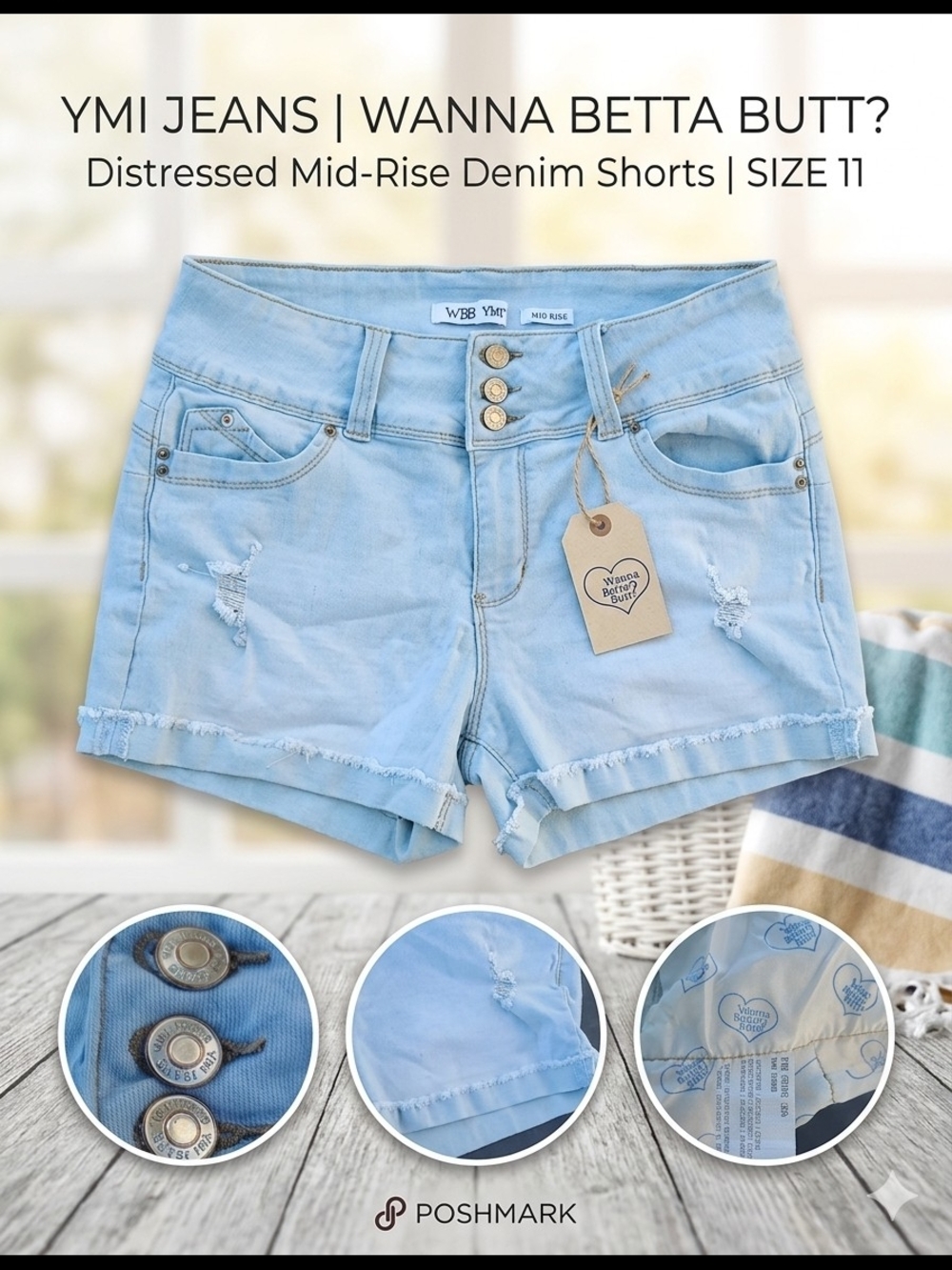 YMI Wanna Betta Butt Distressed 3-Button Denim Shorts Light Wash Size 11